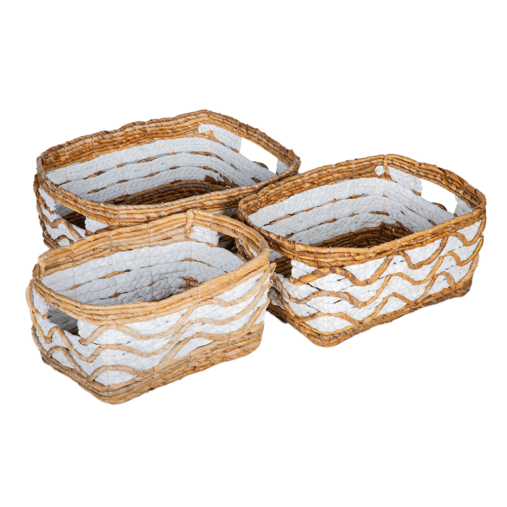 Banana Raffia Rectangle Tote Basket Set; 3pcs, White/Natural