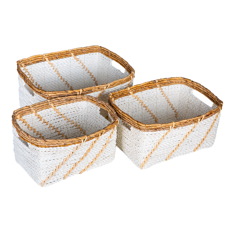 Banana Raffia Rectangle Tote with Bamboos Accent Basket Set; 3pcs, White/Natural