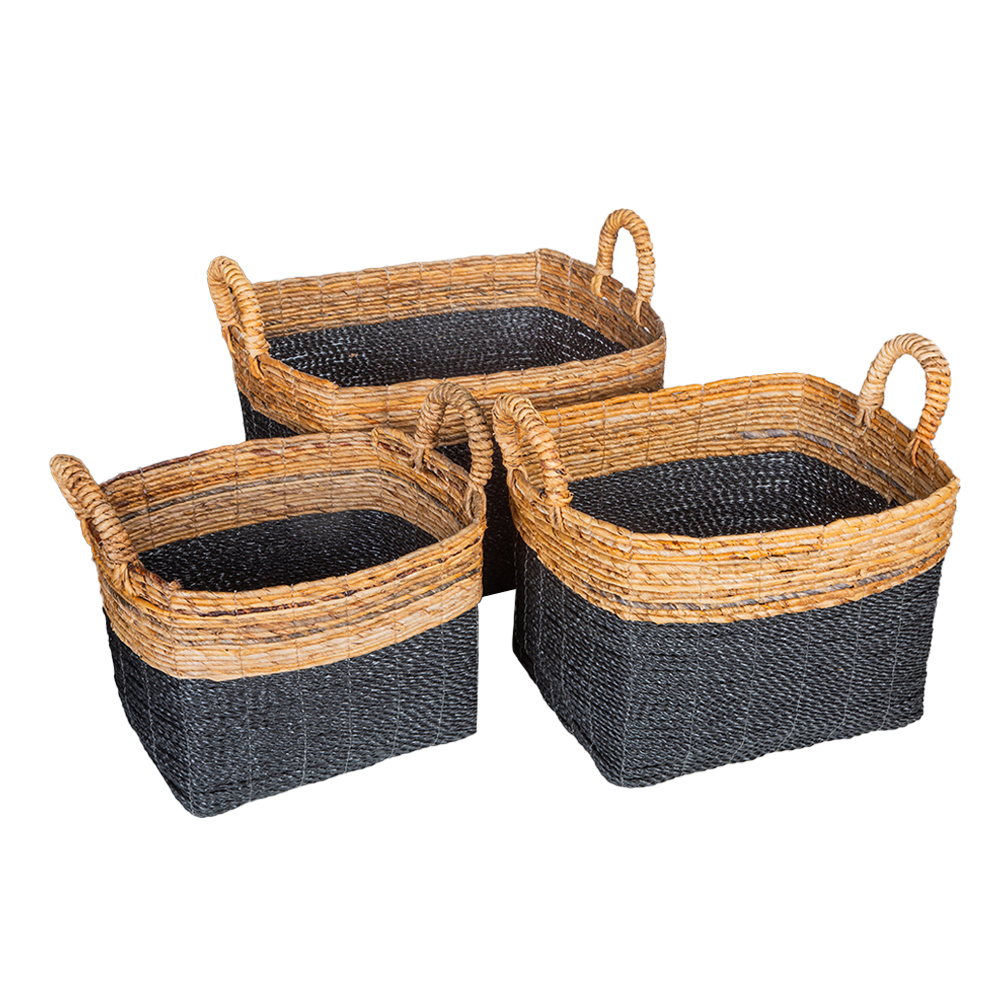 Banana Raffia Rectangle TwoTone Basket Set; 3pcs, Black/Natural