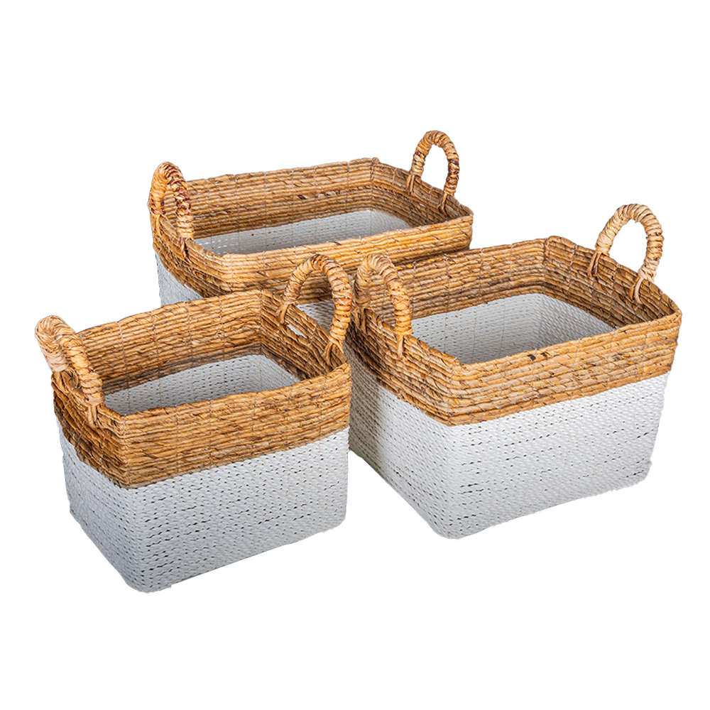 Banana Raffia Rectangle TwoTone Basket Set; 3pcs, White/Natural