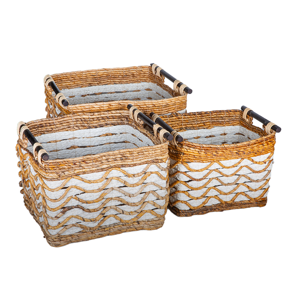 Banana Raffia Recta Basket Set with Wooden Handle; 3pcs, White/Natural