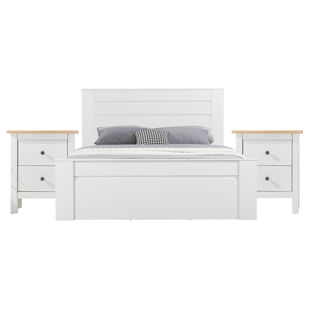 Wood Bed; (180x200)cm + 2 Night Stands, White/Dark Oak