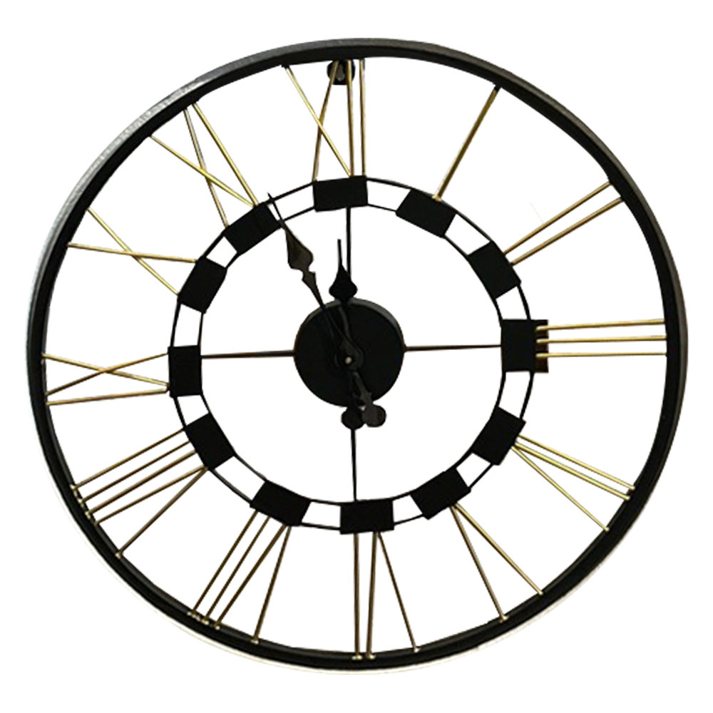 Black And Gold Powder Coated Round Wall Clock; (71X71)cm, Black/Gold