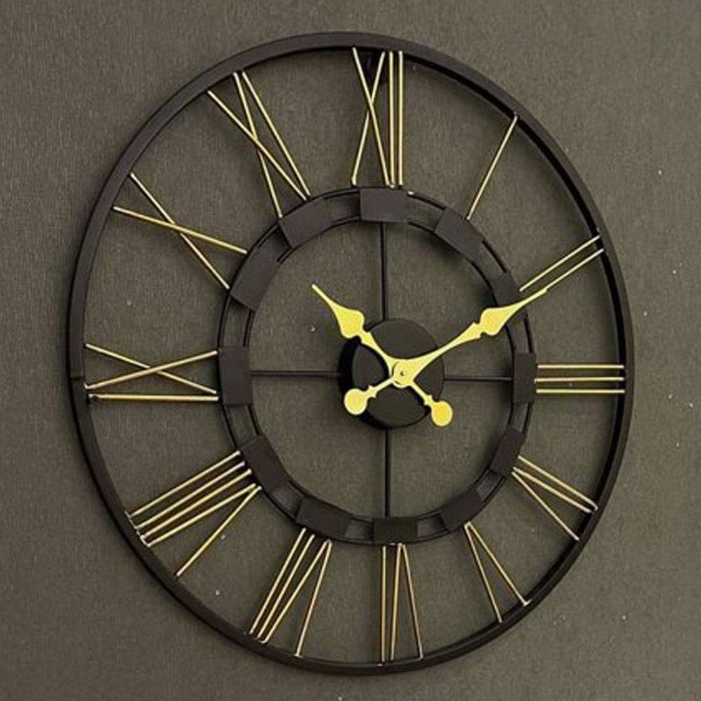 Black And Silver Powder Coated Round Wall Clock; (61X61)cm, Black/silver