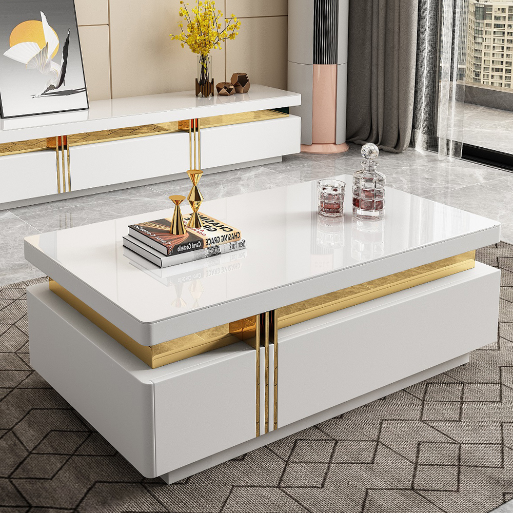 Coffee Table; (120x60x42)cm, Glossy White/Gold