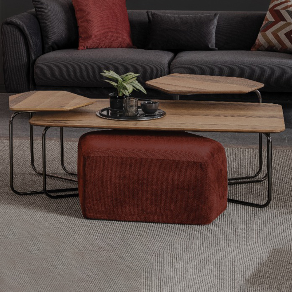 Coffee Table; (120x55x46)cm + 2 Side Tables + Fabric Round Pouf