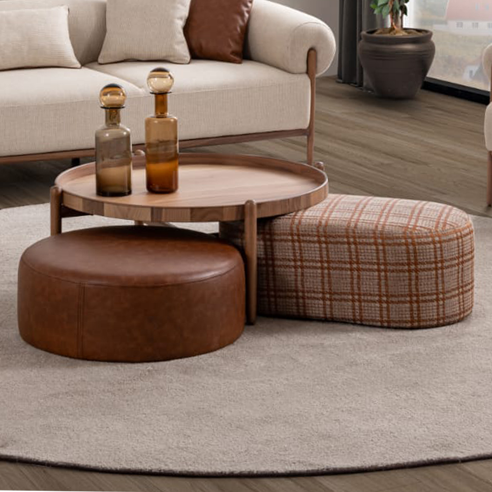 Wooden Coffee Table + Round Pouf + Elips Pouf