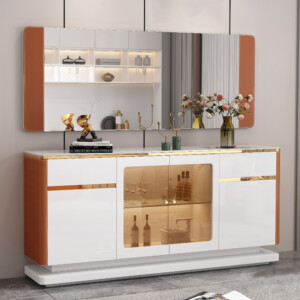 Dining Cabinet; (180x40x80)cm + Wall Mirror; (180x2.5x70)cm, White/Brown/Gold