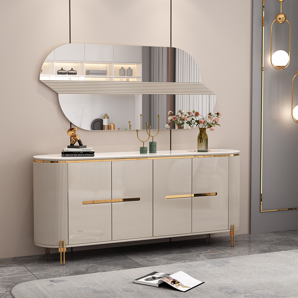 Dining Cabinet; (180x40x80)cm + Wall Mirror; (160x2.5x70)cm, Glossy Grey/Gold