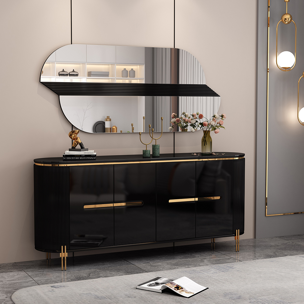 Dining Cabinet; (180x40x80)cm + Wall Mirror; (160x2.5x70)cm, Glossy Black/Gold