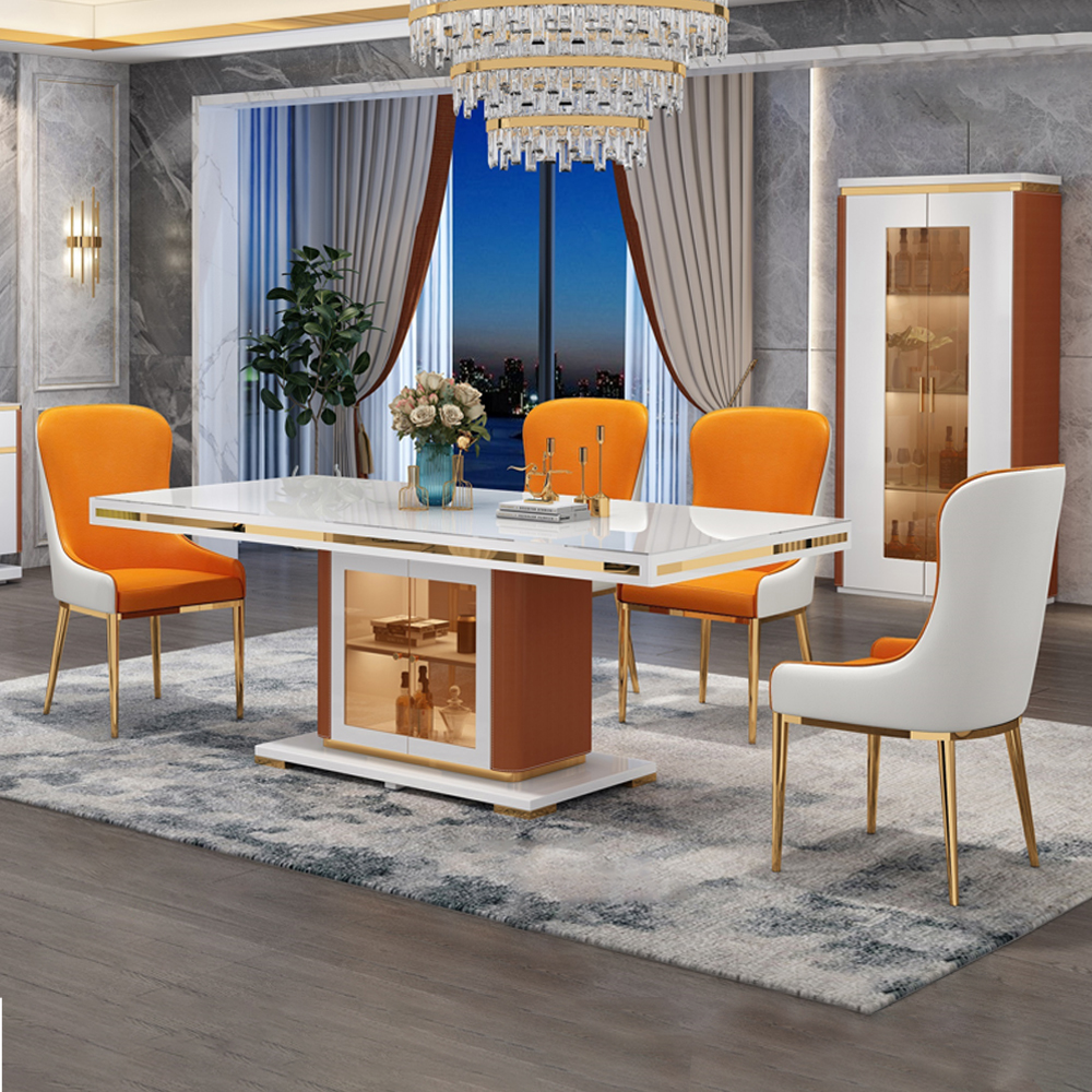 Dining Table; (200x100x76)cm + 8 Side Chairs, White/Gold/Brown/Orange