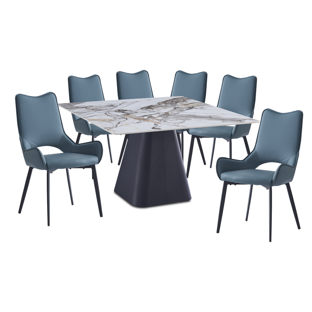 Ceasar Dining Table; (130x130x76)cm, Ceramic Top + Peyton 6 PU Side Chairs