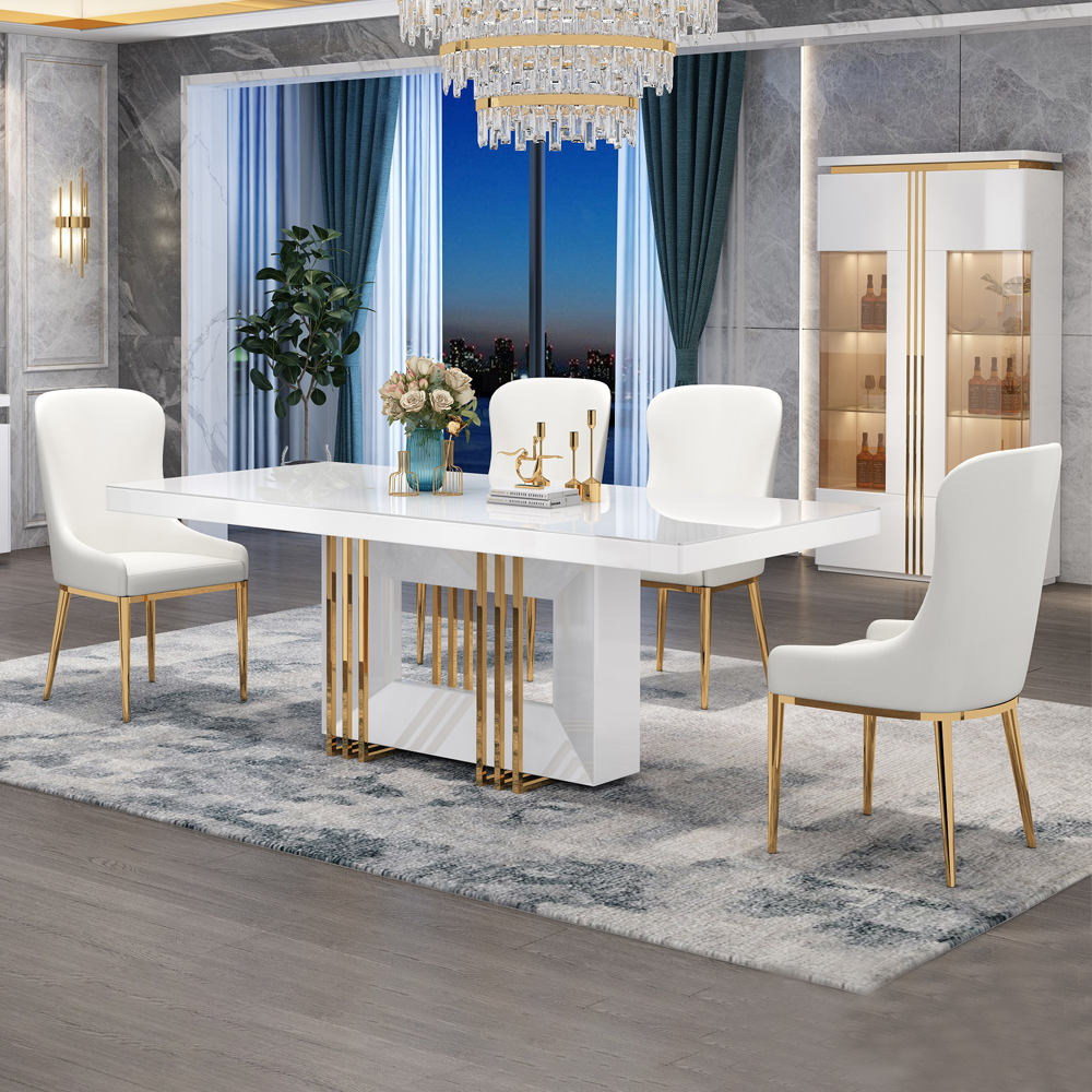 Dining Table; (200x100x76)cm + 8 Side Chairs, Glossy White/Gold