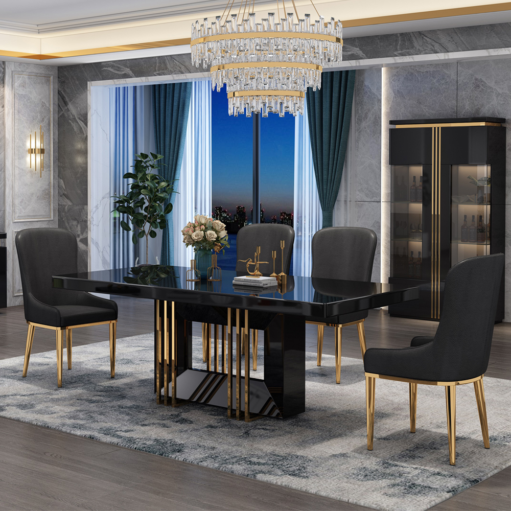 Dining Table; (200x100x76)cm + 8 Side Chairs, Glossy Black/Gold
