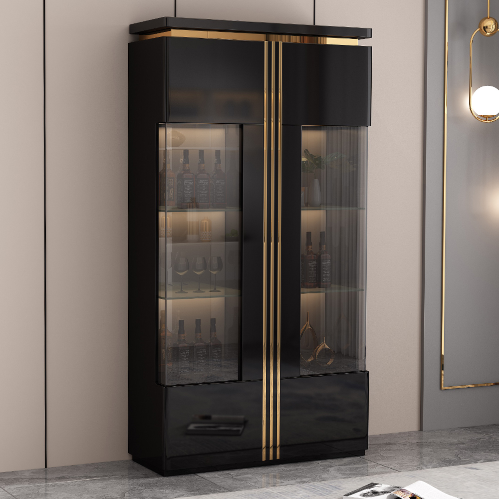 Display Cabinet; (110x40x190)cm, Glossy Black/Gold