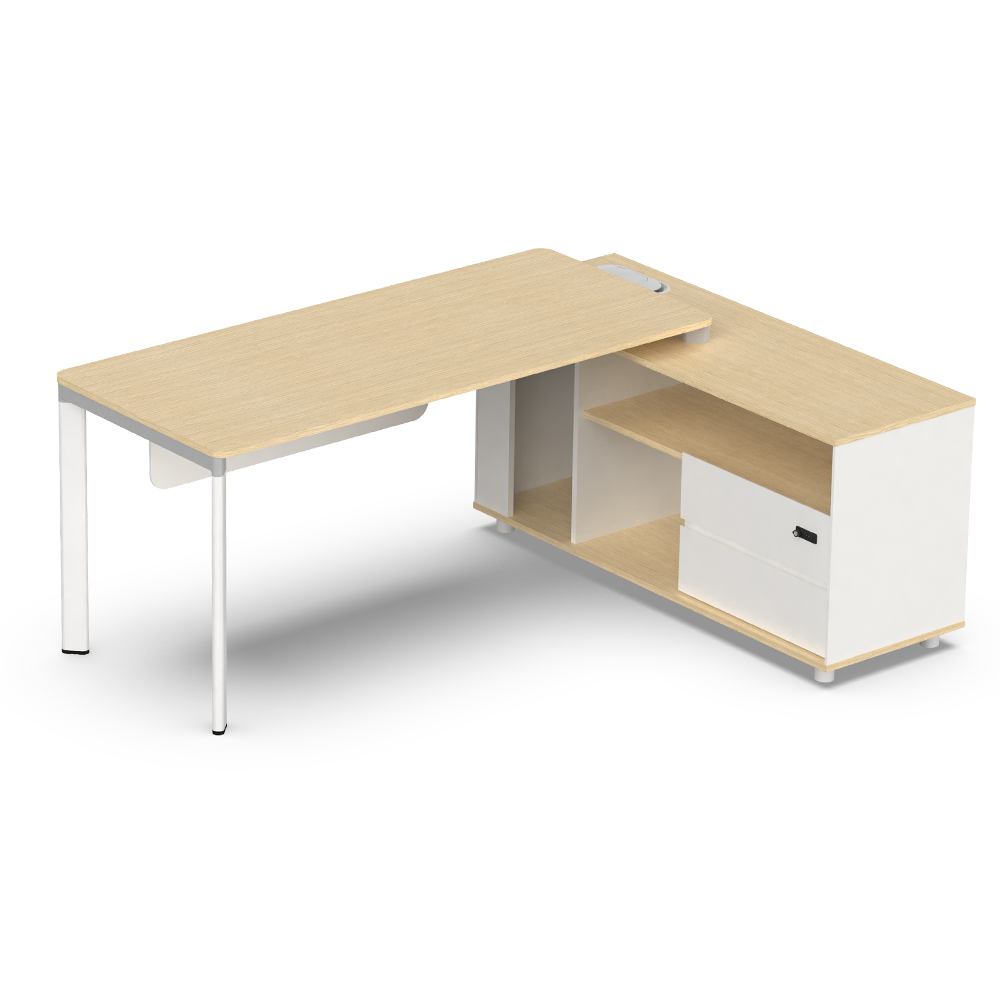 Executive Desk With Side Return-Right; (185x140x75)cm, White Oak/M. Grey