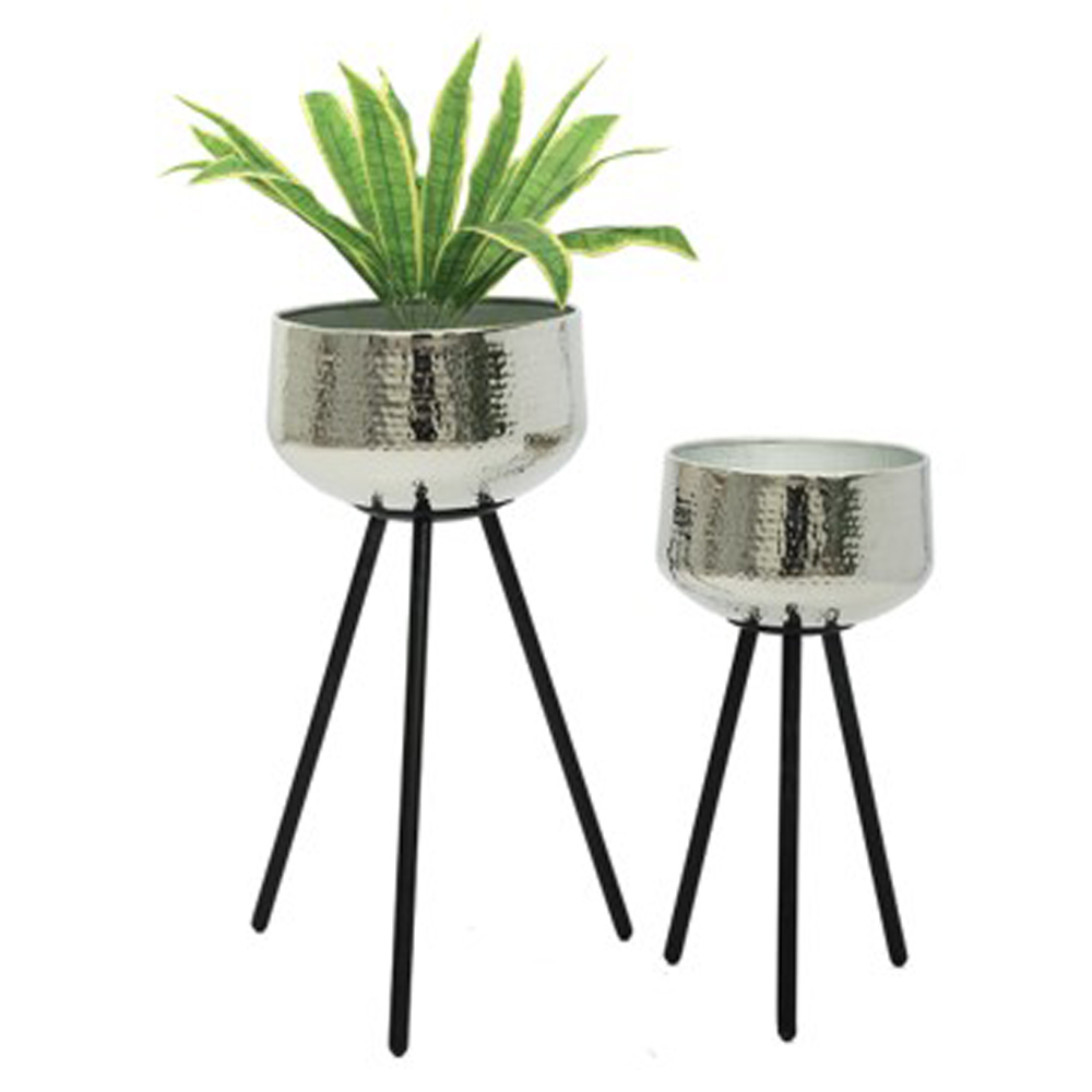 Hammered Planter Set With Stand; 2pcs, Nickel