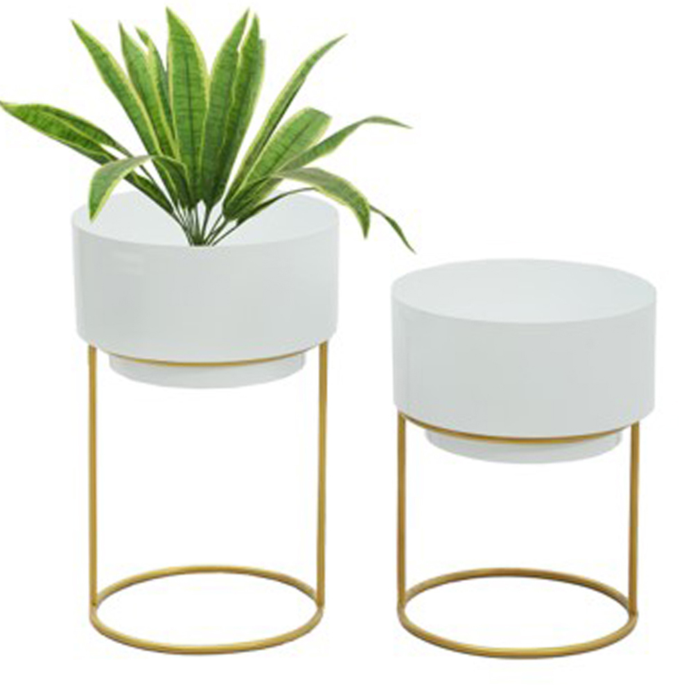 Planter Set With Stand; 2pcs, White/Gold