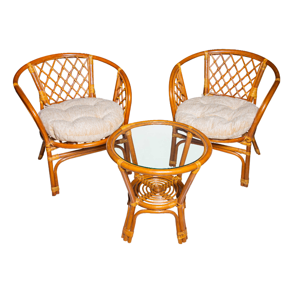 Rattan Furniture: Leo Round Coffee Table-Glass Top + 2 Bahama Arm Chair With Cushion, Colonial