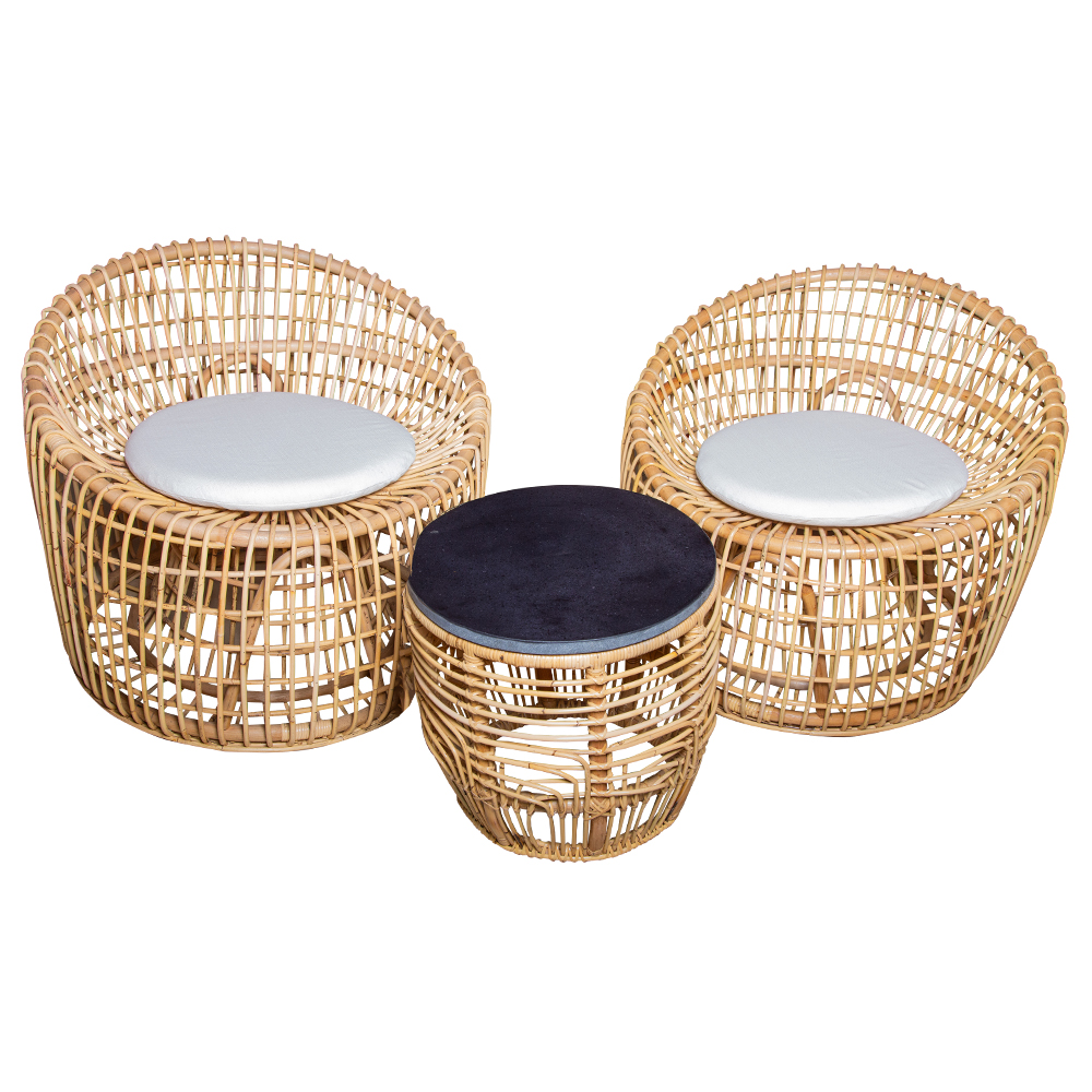 Rattan Furniture: Coffee Table-Black Top + 2 Side Chairs