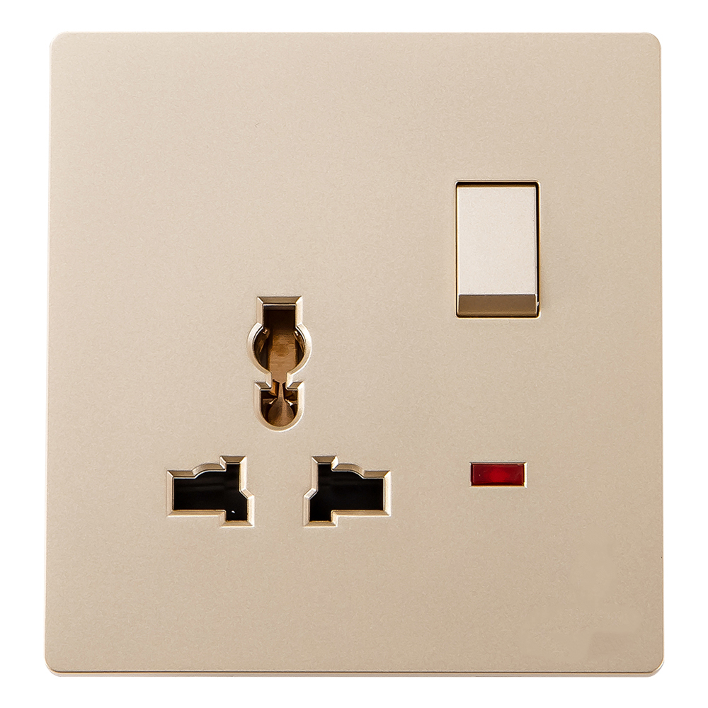 Domus: 1 Gang Switched Universal Switched Socket With Indicator, 16A, 250V, Gold