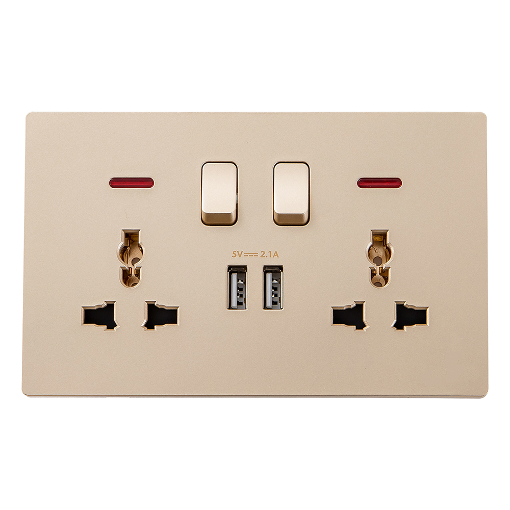 Domus: 2 Gang Universal Switched Socket With Indicator With 2 USB, 13A, 250V, Gold