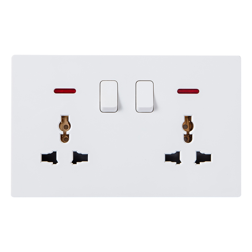 Domus: 2 Gang Universal Switched Socket With Indicator, 13A, 250V, White