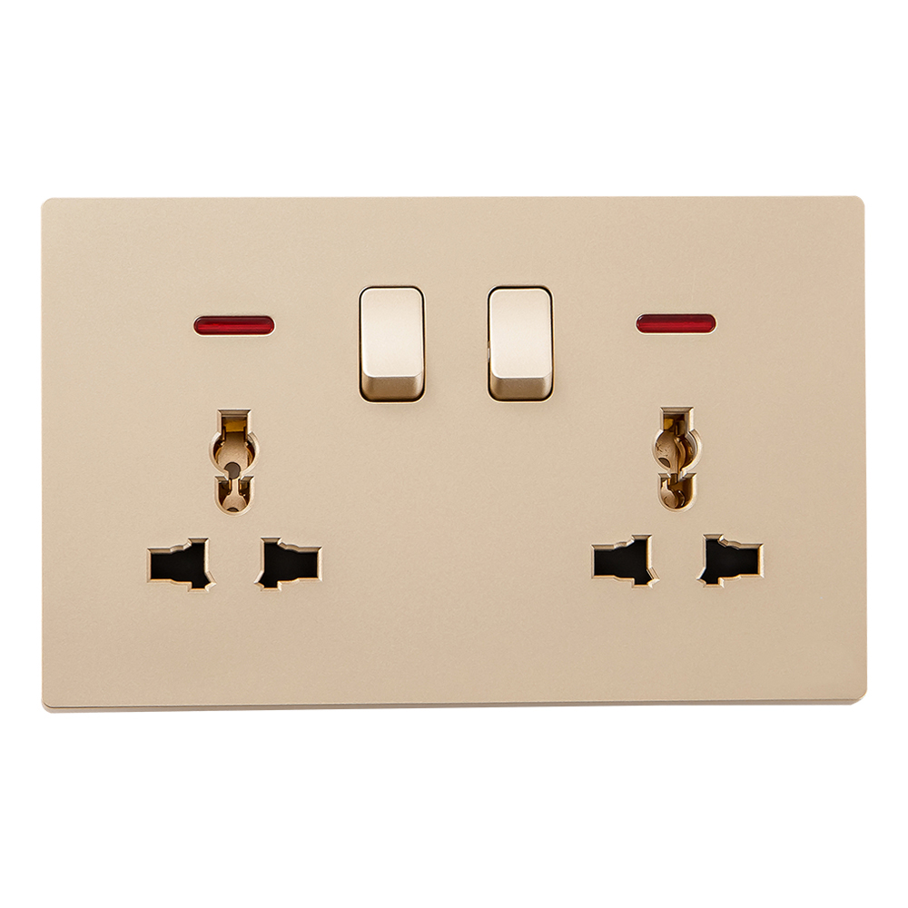 Domus: 2 Gang Universal Switched Socket With Indicator, 13A, 250V, Gold