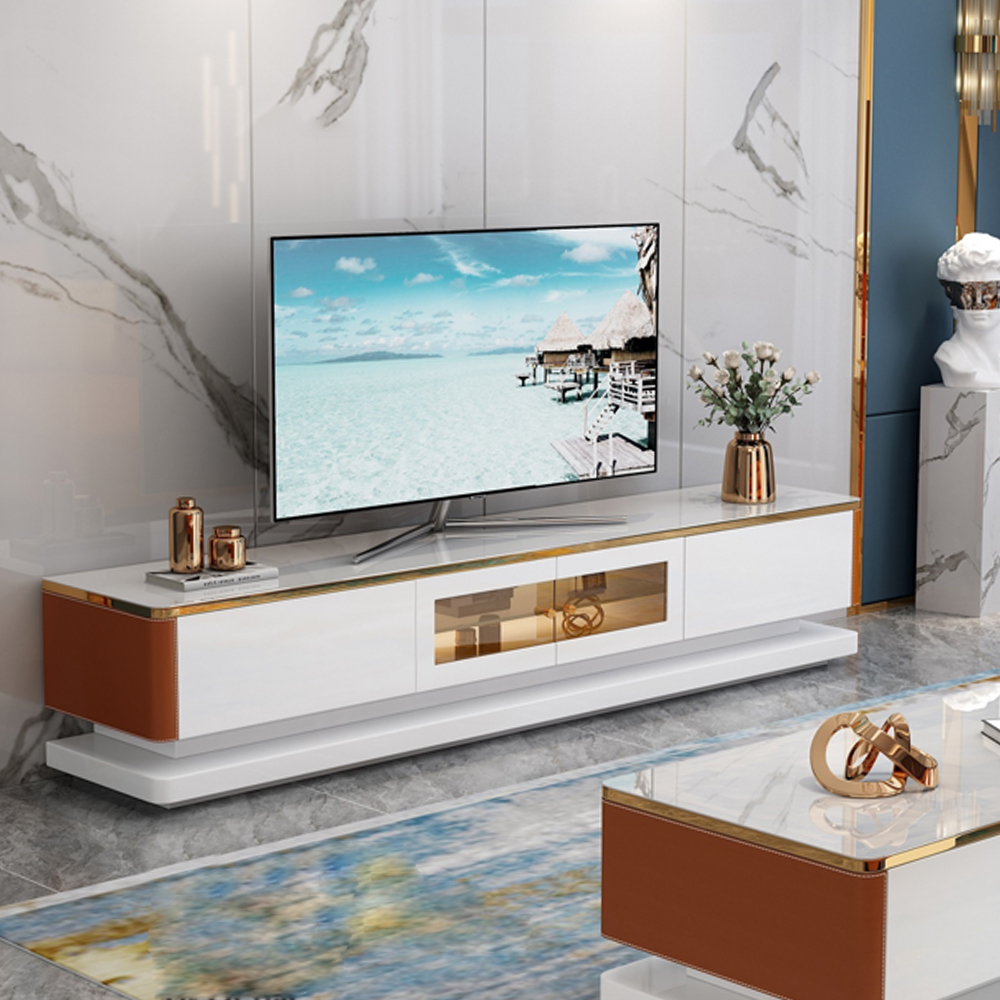 TV Cabinet; (200x40x41)cm, White/Gold/Brown