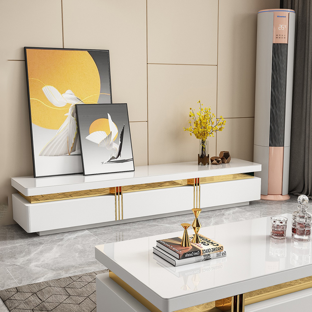 TV Cabinet; (200x40x42)cm, Glossy White/Gold