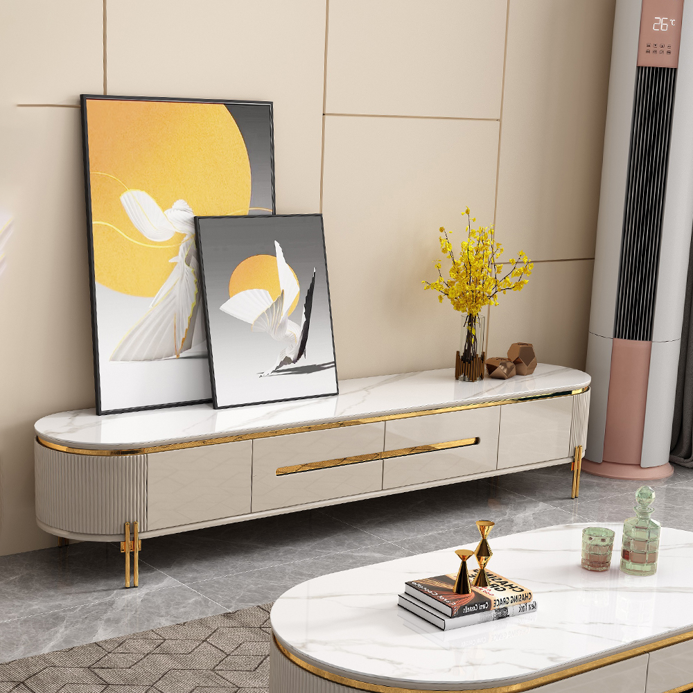 TV Cabinet; (200x40x45)cm, Glossy Grey/Gold